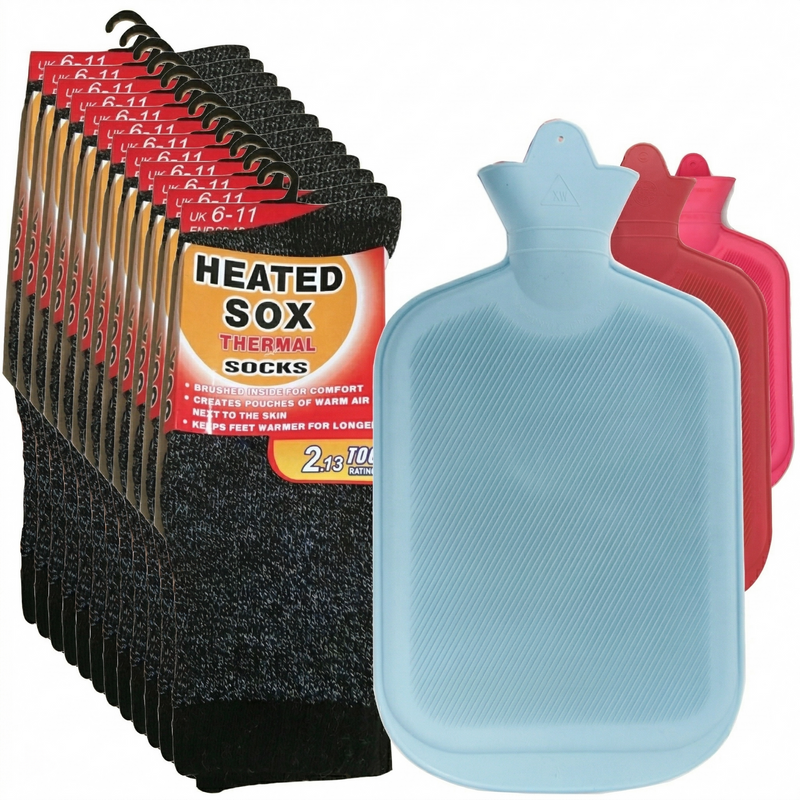 Load image into Gallery viewer, 12 Pairs Thermal Heated Socks w/ BONUS Hot Water Bottle Warm Winter Pack-0