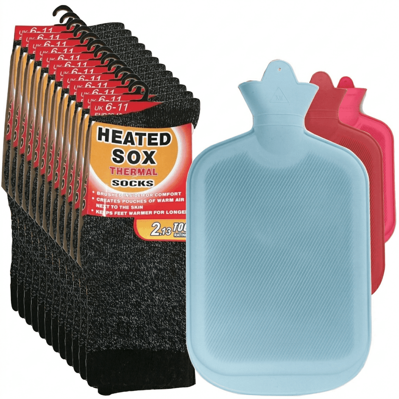 Load image into Gallery viewer, 12 Pairs Thermal Heated Socks w/ BONUS Hot Water Bottle Warm Winter Pack-0