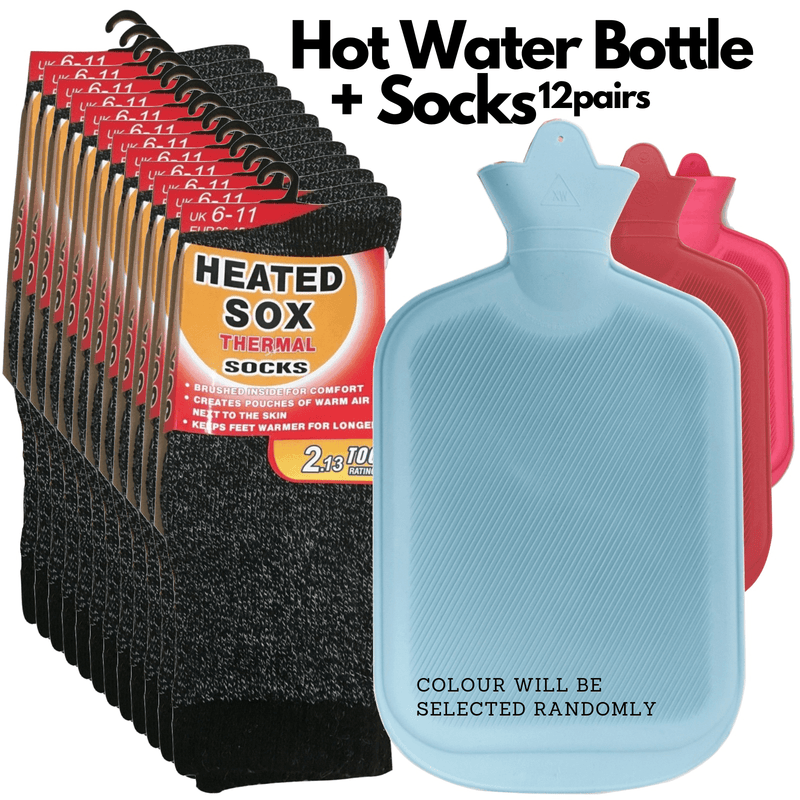 Load image into Gallery viewer, 12 Pairs Thermal Heated Socks w/ BONUS Hot Water Bottle Warm Winter Pack-1