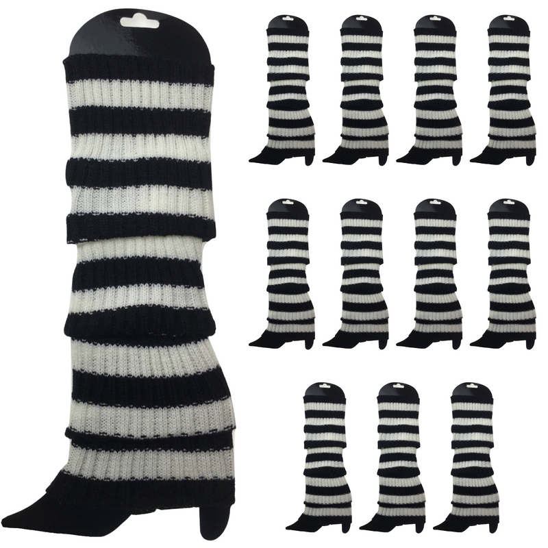Load image into Gallery viewer, 12x LEG WARMERS Knitted Womens Costume Neon Dance Party Knit 80s BULK - Black/White Stripe-0
