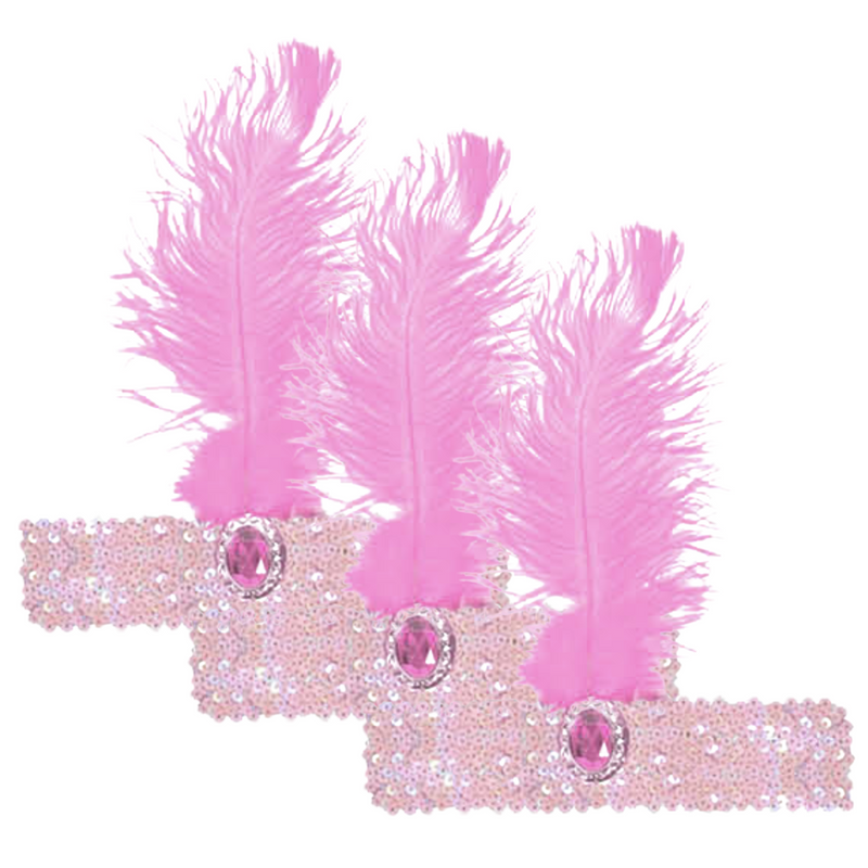 Load image into Gallery viewer, 3x 1920s FLAPPER HEADBAND Headpiece Feather Sequin Charleston Costume Gatsby - Light Pink-0