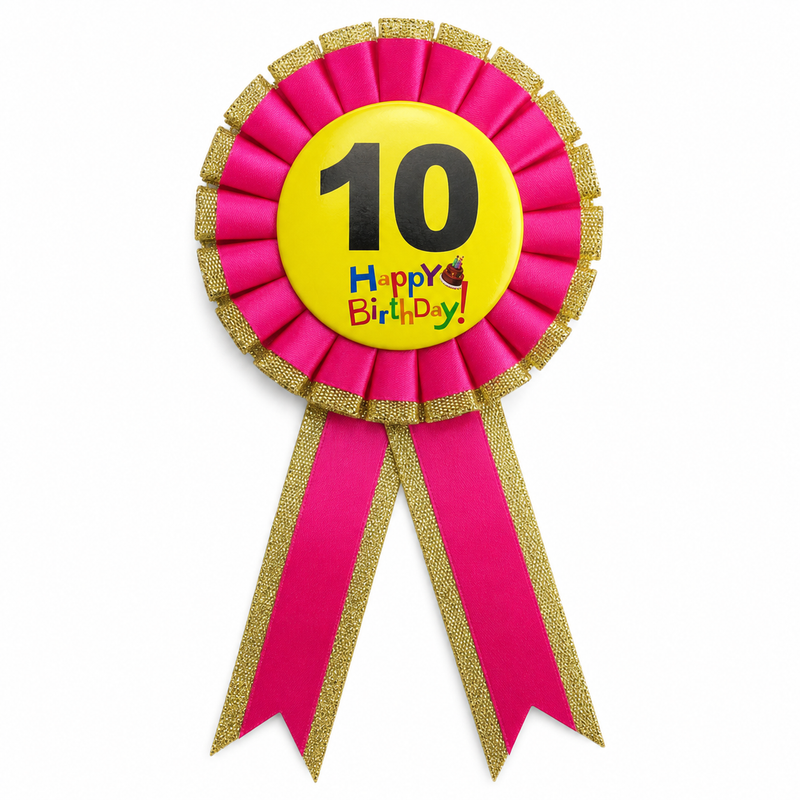 Load image into Gallery viewer, Kids Birthday Badge Rosette with Ribbon Party Favour Fancy Dress - Age 10 Pink-1