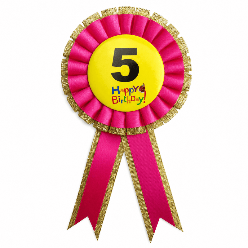 Load image into Gallery viewer, Kids Birthday Badge Rosette with Ribbon Party Favour Fancy Dress - Age 5 Pink-0
