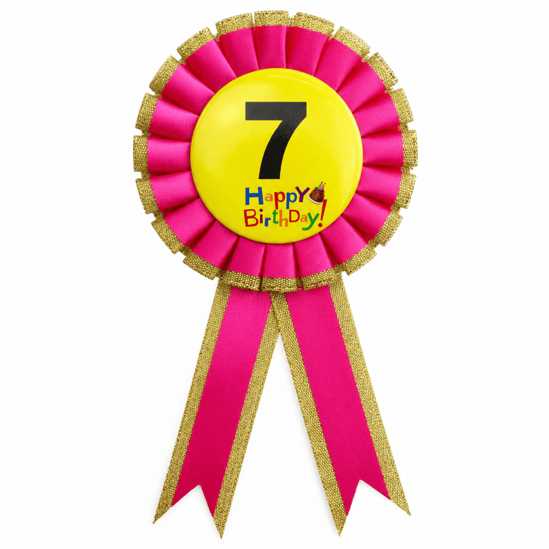 Load image into Gallery viewer, Kids Birthday Badge Rosette with Ribbon Party Favour Fancy Dress - Age 7 Pink-0