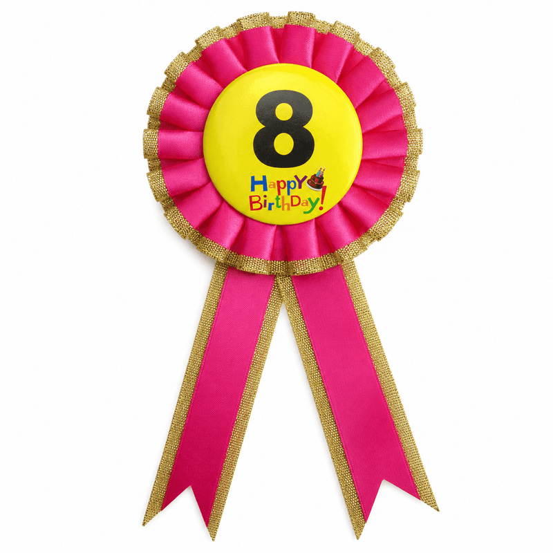 Load image into Gallery viewer, Kids Birthday Badge Rosette with Ribbon Party Favour Fancy Dress - Age 8 Pink-0