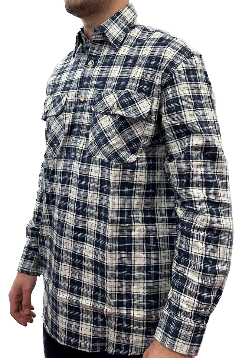 Load image into Gallery viewer, Mens Flannelette Long Sleeve Pullover Shirt 100% Cotton Flannel - Half Placket - Navy/Beige Check-3