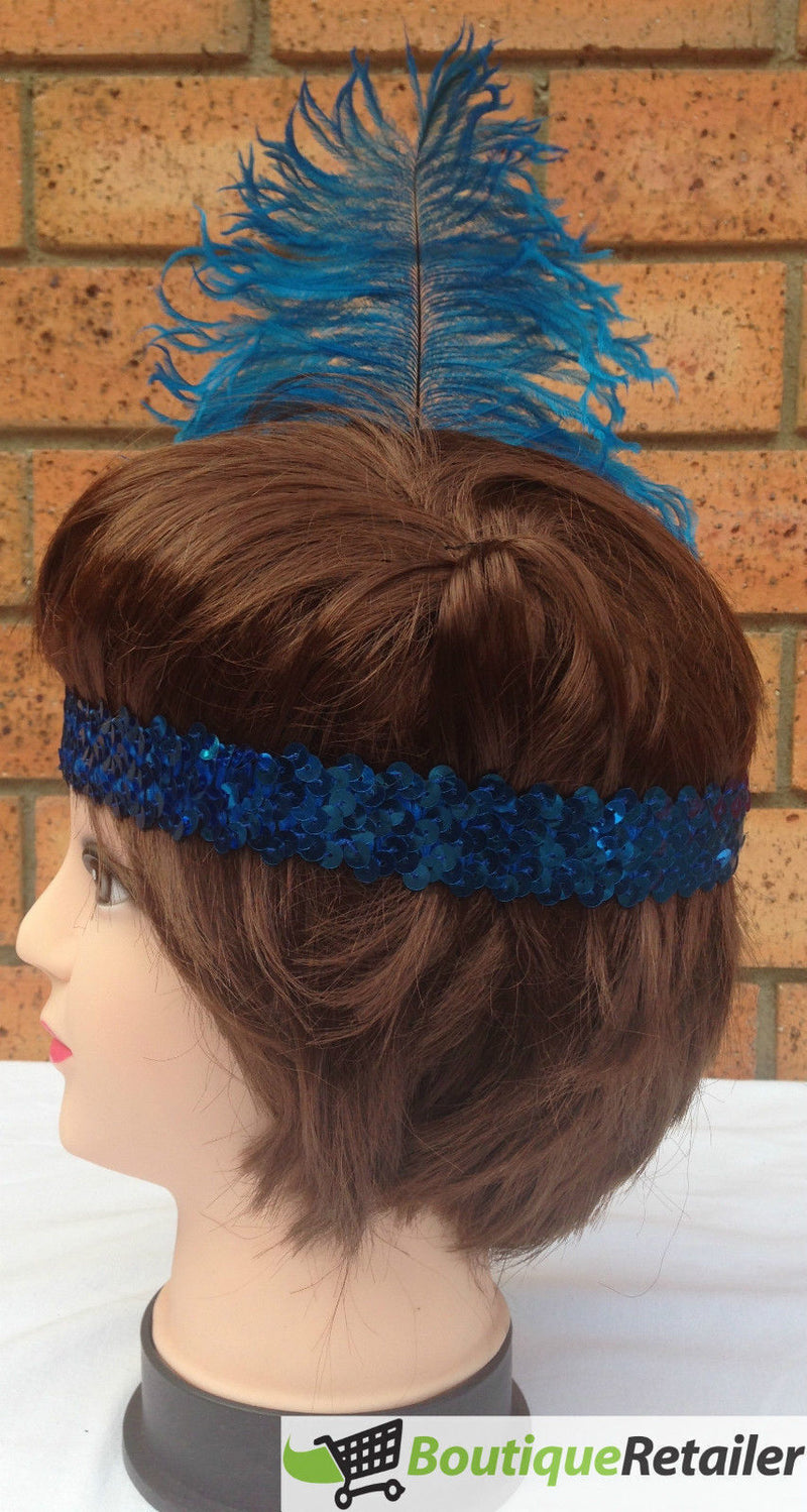 Load image into Gallery viewer, 1920s FLAPPER HEADBAND Headpiece Feather Sequin Charleston Costume Gatsby Dance - Blue-3