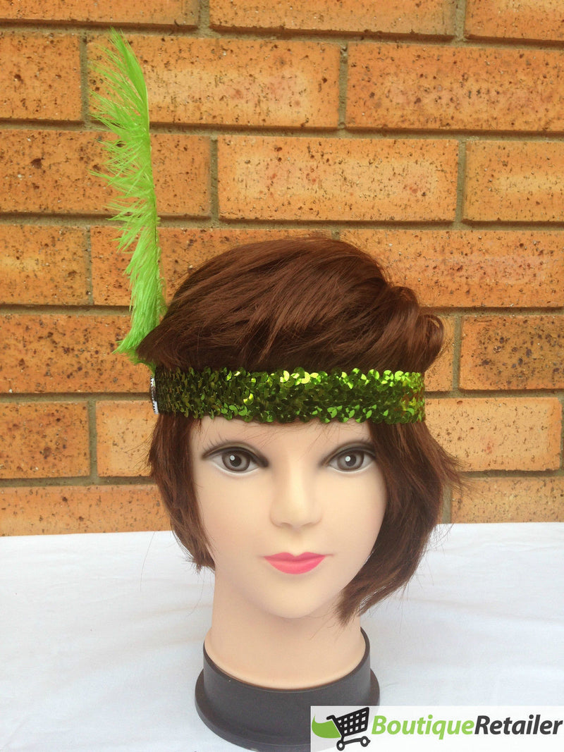 Load image into Gallery viewer, 1920s FLAPPER HEADBAND Headpiece Feather Sequin Charleston Costume Gatsby Dance - Green-2