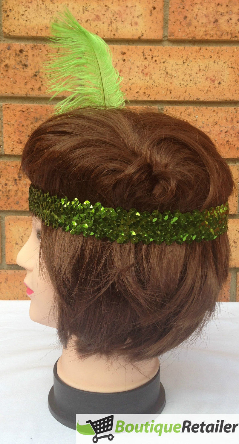 Load image into Gallery viewer, 1920s FLAPPER HEADBAND Headpiece Feather Sequin Charleston Costume Gatsby Dance - Green-3