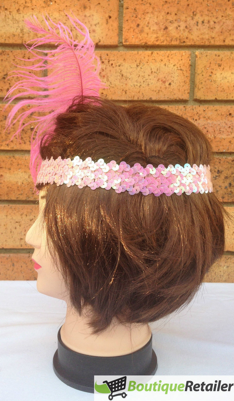 Load image into Gallery viewer, 1920s FLAPPER HEADBAND Headpiece Feather Sequin Charleston Costume Gatsby Dance - Light Pink-3