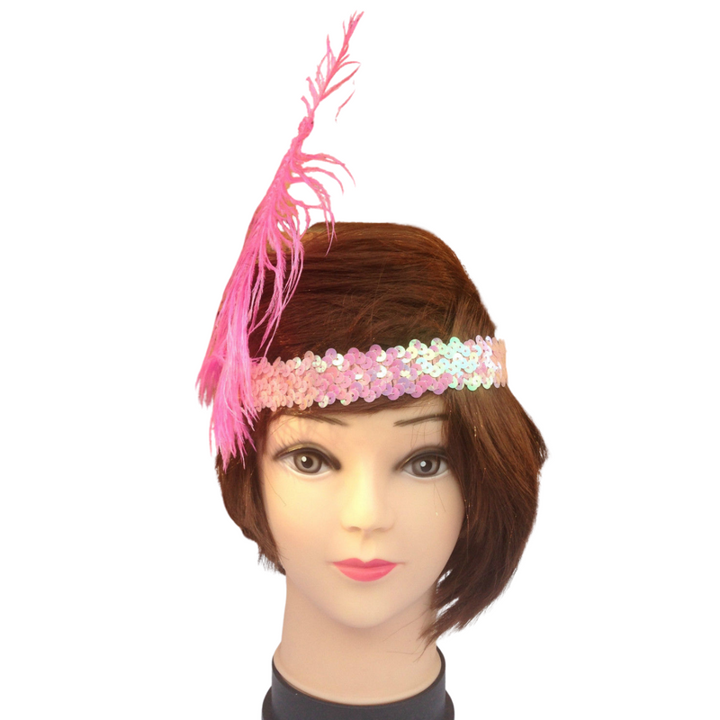 Load image into Gallery viewer, 1920s FLAPPER HEADBAND Headpiece Feather Sequin Charleston Costume Gatsby Dance - Light Pink-2