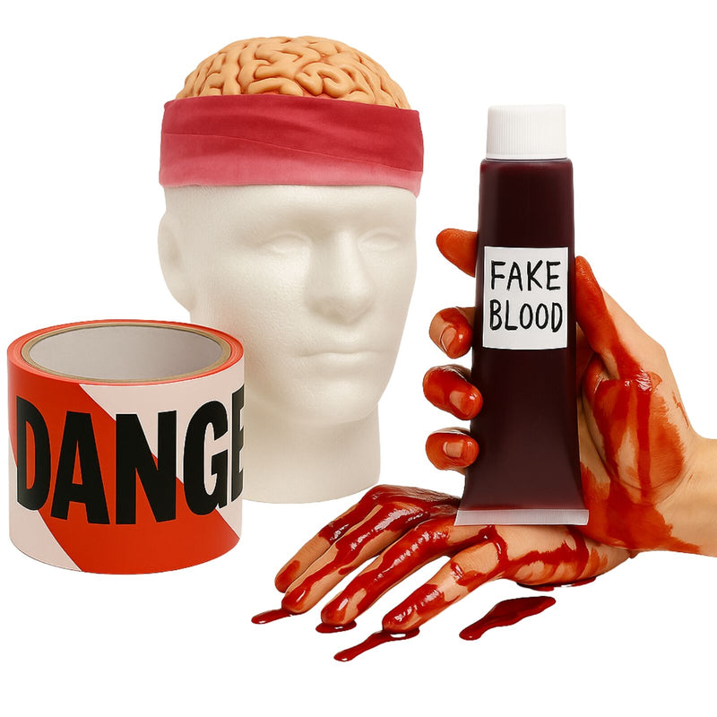 Load image into Gallery viewer, 3pc Halloween Costume Set Zombie Brain Skull Cap + Fake Blood Gel & Danger Tape-0