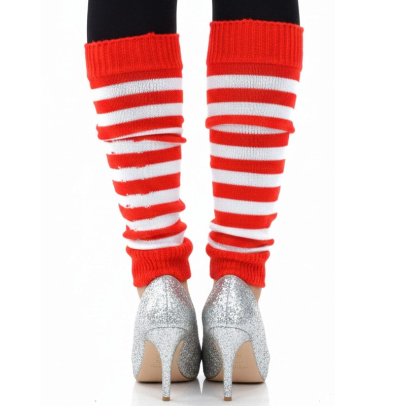 Load image into Gallery viewer, Pair of Womens Leg Warmers Disco Winter Knit Dance Party Crochet Legging Socks Costume - Red/White Stripe-2