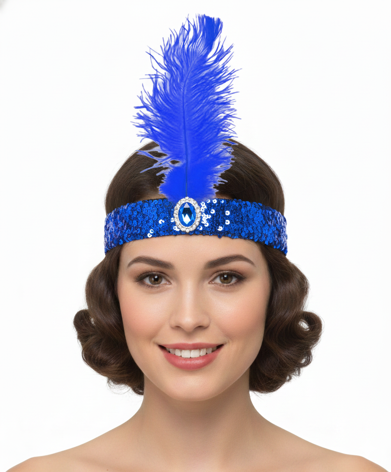 Load image into Gallery viewer, WIDE FLAPPER HEADBAND Feather Sequin Costume Gatsby Charleston Headpiece 1920s - Blue-2
