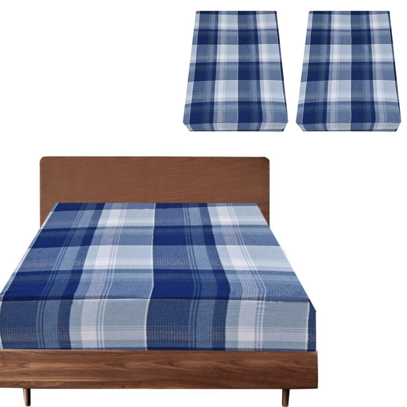 Load image into Gallery viewer, 2x Queen Luxury 100% Cotton Flannelette Fitted Bed Sheet - Blue Check Print-1