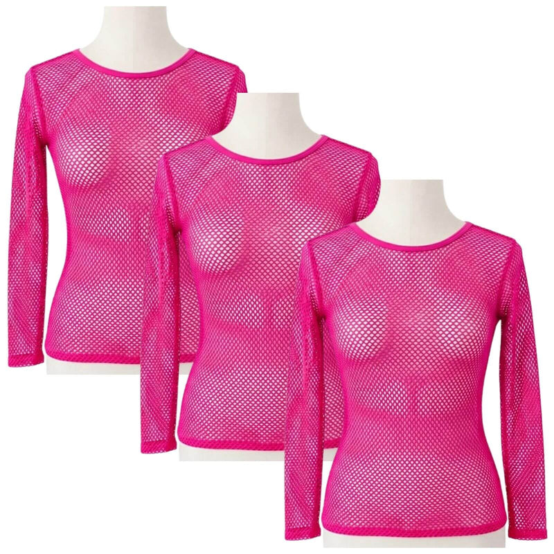 Load image into Gallery viewer, 3x Womens Fishnet Mesh Tops Long Sleeve Sheer Stretch See Through - Hot Pink-0