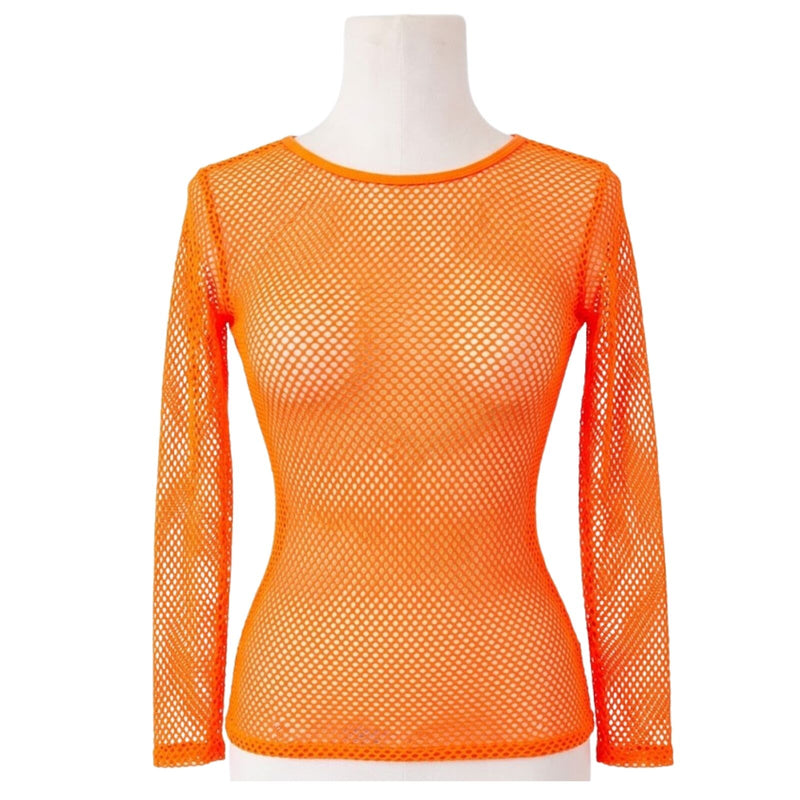 Load image into Gallery viewer, Womens Fishnet Mesh Top Long Sleeve Sheer See Through Costume - Fluro Orange-1