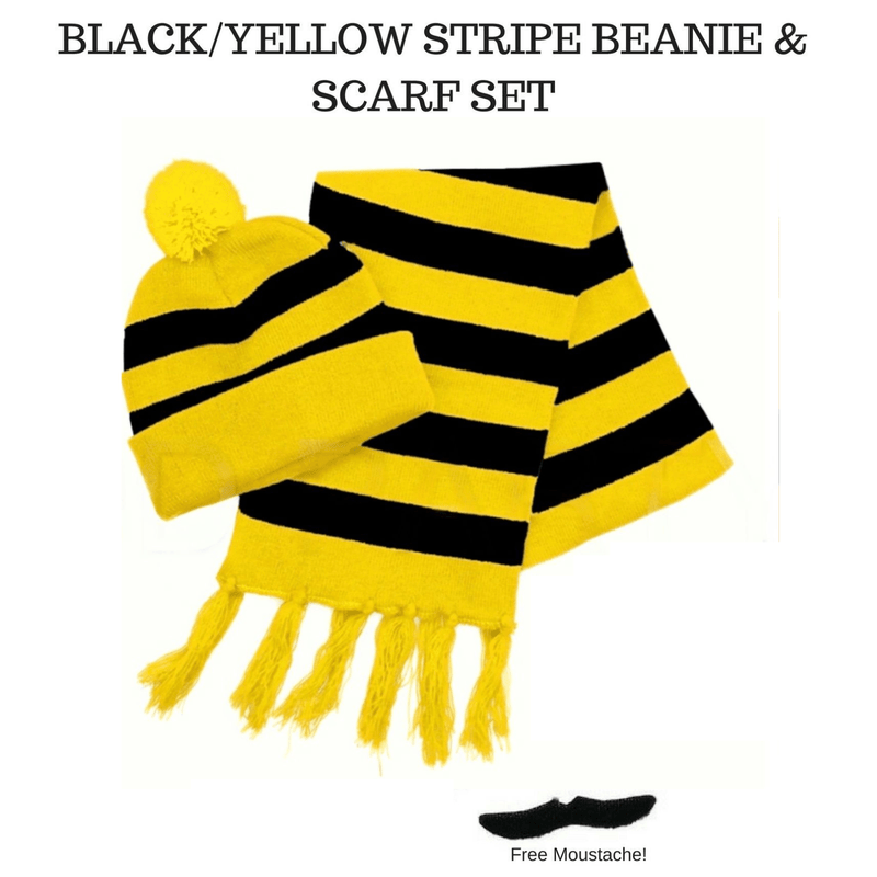 Load image into Gallery viewer, Tigers Beanie Hat & Scarf Set Party Costume w Moustache Warm Winter - Black/Yellow Stripe-1