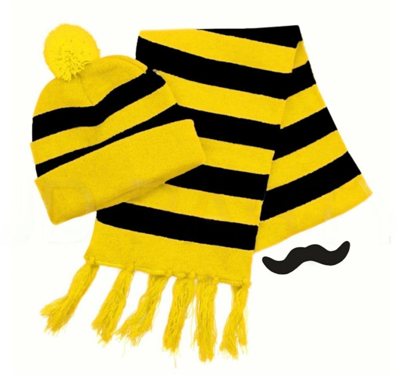 Load image into Gallery viewer, Tigers Beanie Hat & Scarf Set Party Costume w Moustache Warm Winter - Black/Yellow Stripe-0