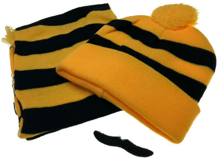 Load image into Gallery viewer, Tigers Beanie Hat & Scarf Set Party Costume w Moustache Warm Winter - Black/Yellow Stripe-2
