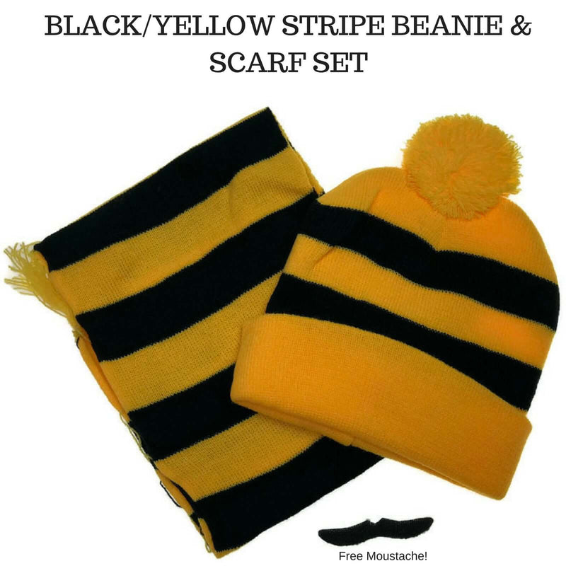 Load image into Gallery viewer, Tigers Beanie Hat & Scarf Set Party Costume w Moustache Warm Winter - Black/Yellow Stripe-3