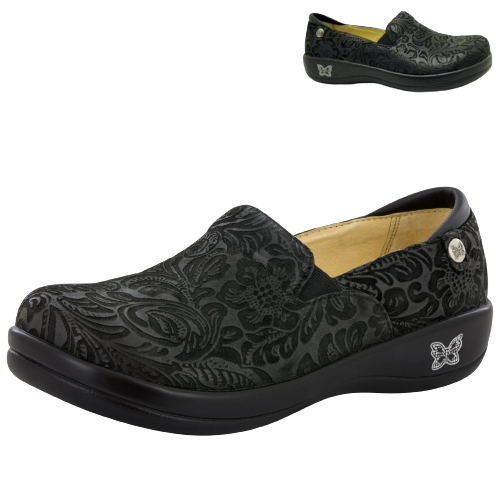Load image into Gallery viewer, ALEGRIA Keli Nursing Shoes Slip On Womens Work Working Hospitality - Black Embossed Paisley-0