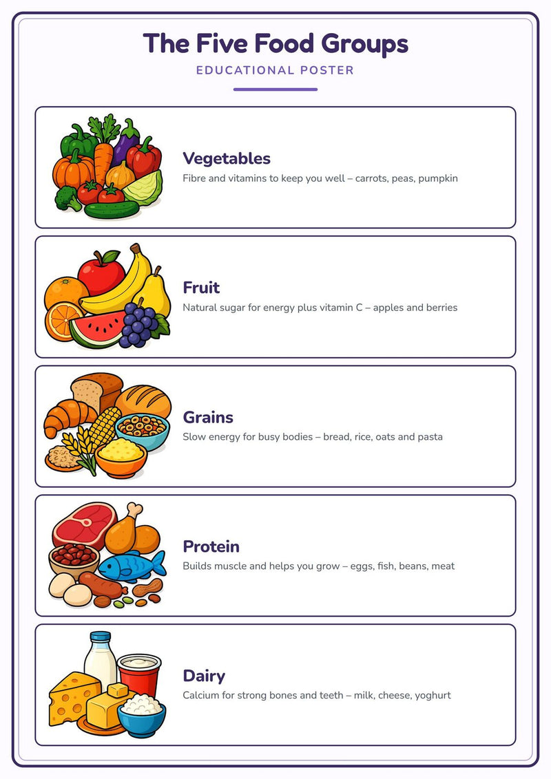 Load image into Gallery viewer, The Five Food Groups: A4 Matte Laminated Educational Poster Print - 210x297mm-0