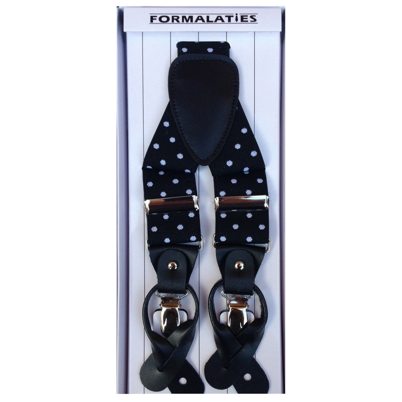 Load image into Gallery viewer, Mens Premium Convertible Suspenders Braces Clip On Elastic Y-Back Traditional Leather Tab - Polka Black/White-1