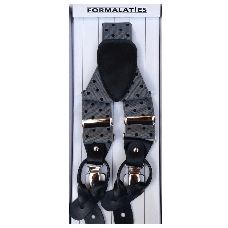 Load image into Gallery viewer, Mens Premium Convertible Suspenders Braces Clip On Elastic Y-Back Traditional Leather Tab - Polka Grey/Black-1