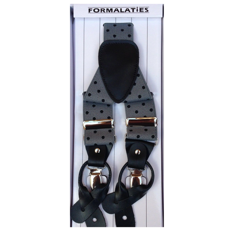 Load image into Gallery viewer, Mens Premium Convertible Suspenders Braces Clip On Elastic Y-Back Traditional Leather Tab - Polka Grey/Black-0