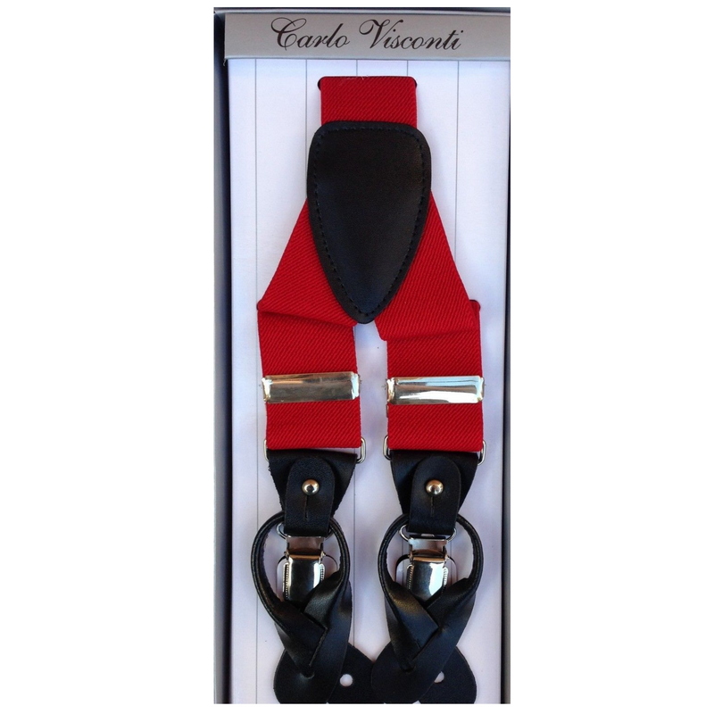 Load image into Gallery viewer, Mens Premium Convertible Suspenders Braces Clip On Elastic Y-Back Traditional Leather Tab - Red-0