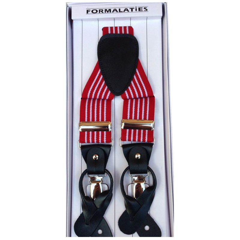 Load image into Gallery viewer, Mens Premium Convertible Suspenders Braces Clip On Elastic Y-Back Traditional Leather Tab - Stripe Red/White-0