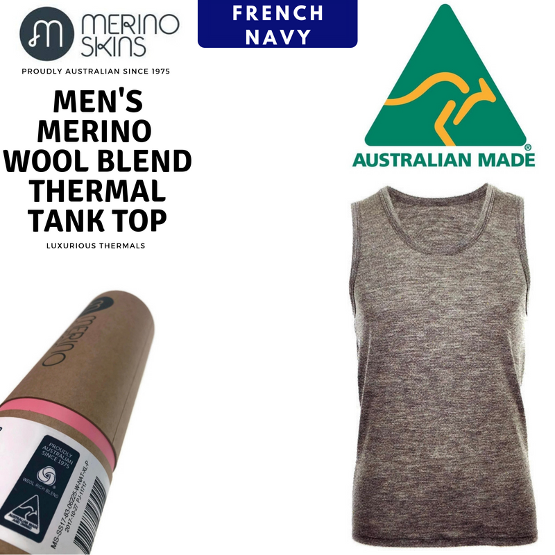 Load image into Gallery viewer, MERINO SKINS Mens Classic Round Neck Tank Singlet Thermal Top - French Navy-3