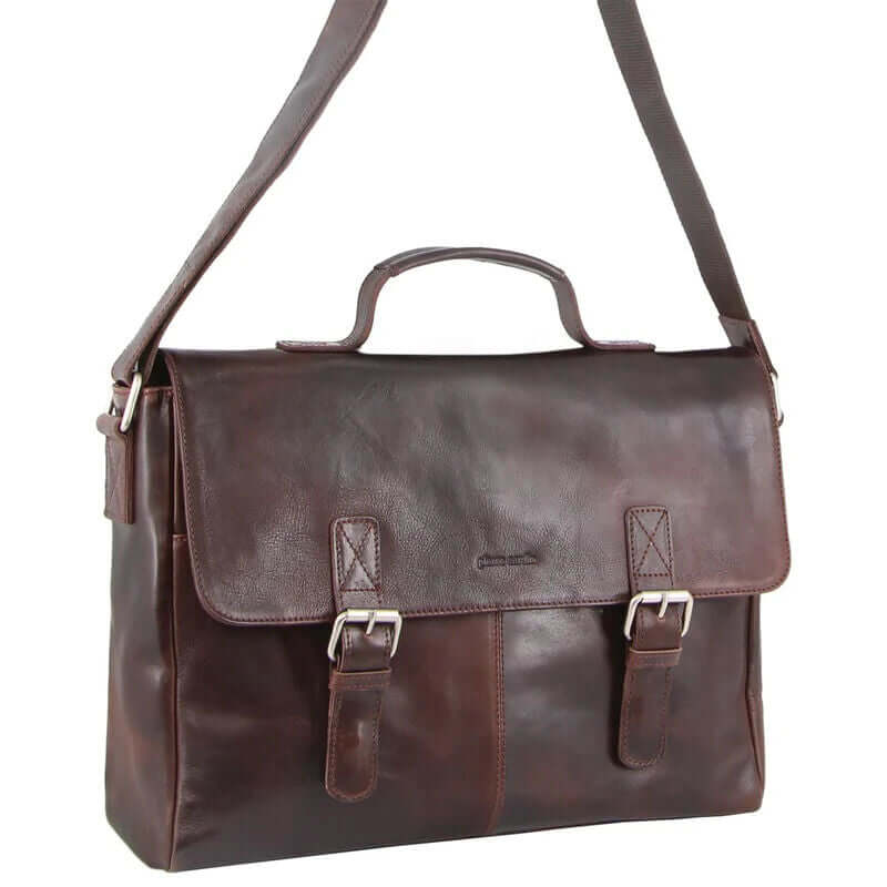 Load image into Gallery viewer, Pierre Cardin Mens Rustic Leather Flap Over 15" Laptop Computer Bag - Dark Chocolate-1