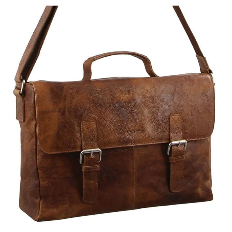 Load image into Gallery viewer, Pierre Cardin Mens Rustic Leather Flap Over 15" Laptop Computer Bag - Cognac-0