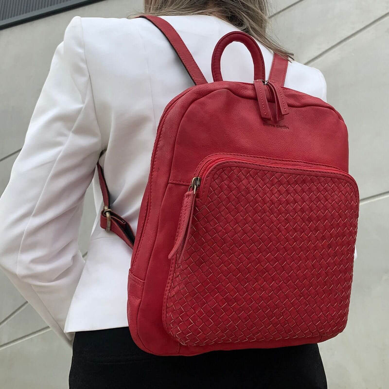 Load image into Gallery viewer, Pierre Cardin Womens Woven Soft Leather Backpack Bag Travel - Red-2