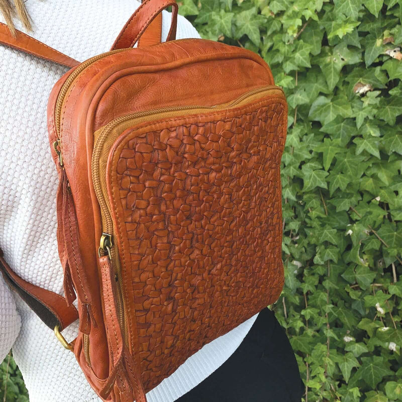 Load image into Gallery viewer, Pierre Cardin Woven Leather Ladies Backpack Bag Travel Satchel Zip - Cognac-4