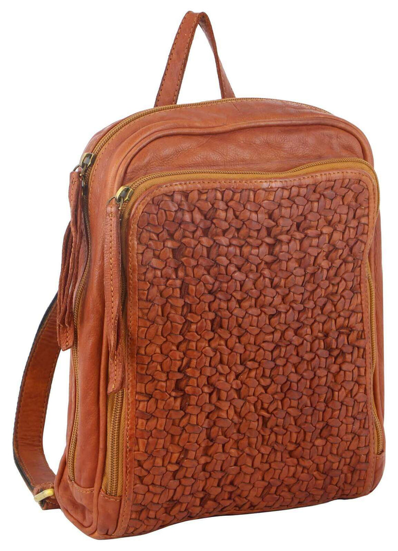 Load image into Gallery viewer, Pierre Cardin Woven Leather Ladies Backpack Bag Travel Satchel Zip - Cognac-0