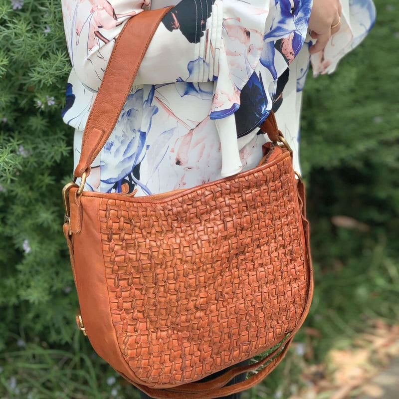 Load image into Gallery viewer, Pierre Cardin Woven Leather Ladies Crossbody Messenger Bag Travel - Cognac-2