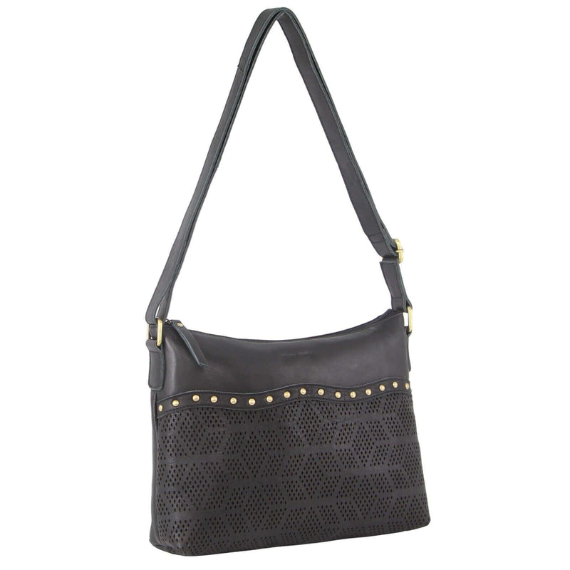 Load image into Gallery viewer, Pierre Cardin Womens Leather Perforated Cross-Body Bag with stud Detailing - Black-1