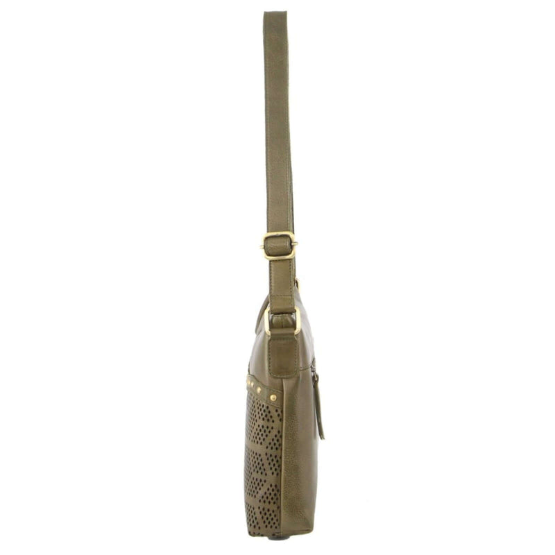 Load image into Gallery viewer, Pierre Cardin Womens Leather Perforated Cross Body Bag w/ Stud Detailing Travel - Olive-2