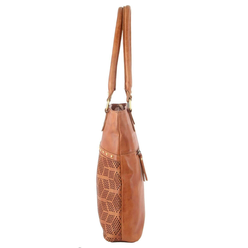 Load image into Gallery viewer, Pierre Cardin Womens Leather Perforated Shoulder Bag with stud Detailing - Cognac-2
