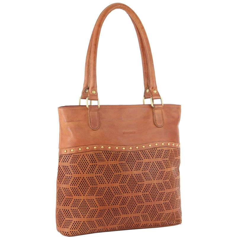 Load image into Gallery viewer, Pierre Cardin Womens Leather Perforated Shoulder Bag with stud Detailing - Cognac-0