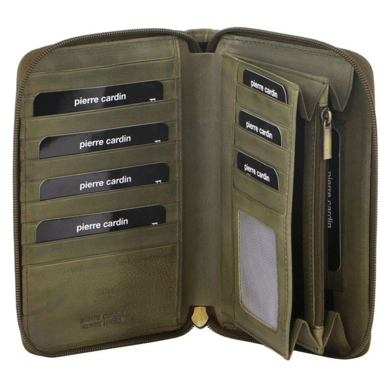 Load image into Gallery viewer, Pierre Cardin Perforated Leather Ladies Zip Around Wallet - Olive-1