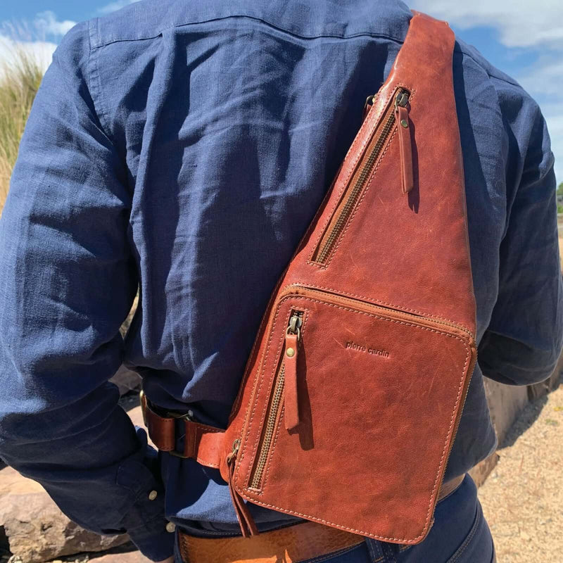Load image into Gallery viewer, Pierre Cardin Mens Sling Bag Rustic Leather Crossbody Chest Backpack - Chestnut-2