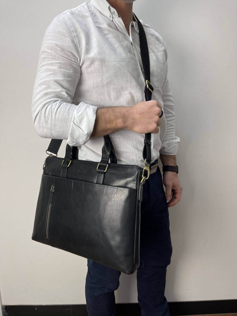 Load image into Gallery viewer, Pierre Cardin Leather 15" Laptop Briefcase Business Bag - Black-3