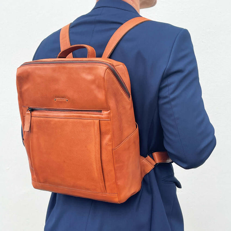 Load image into Gallery viewer, Pierre Cardin Italian Leather Unisex Backpack Bag w 15" Laptop Insert in Cognac-3