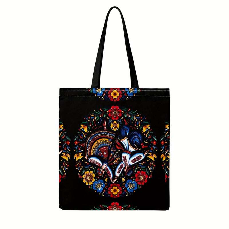 Load image into Gallery viewer, Ukrainian Floral Print Tote Bag - Black with Colourful Ethnic Pattern & Fixed Shoulder Straps-1