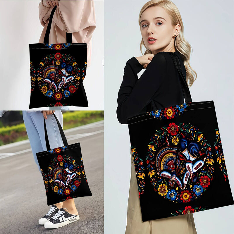 Load image into Gallery viewer, Ukrainian Floral Print Tote Bag - Black with Colourful Ethnic Pattern & Fixed Shoulder Straps-4
