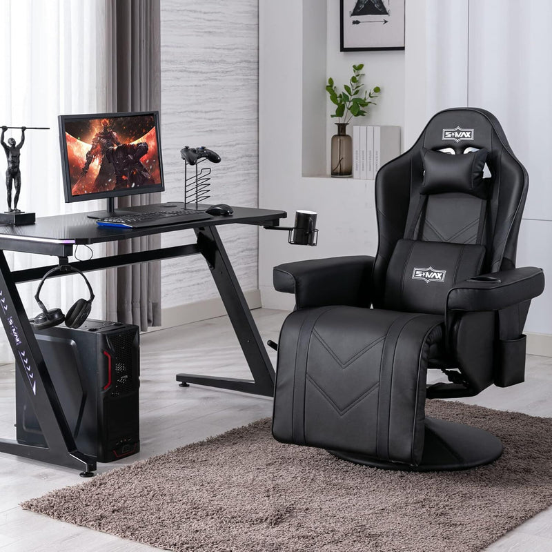Load image into Gallery viewer, S*MAX Gaming Recliner Chair with Flip-Up Footrest in Black PU Leather – Fixed Height Swivel Base-1